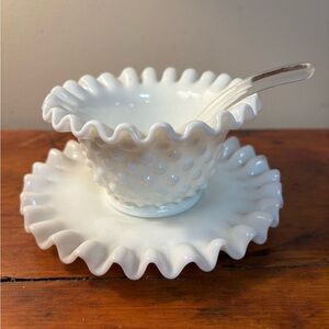 Vintage Fenton Hobnail Milkglass Mayo Bowl Underplate Spoon